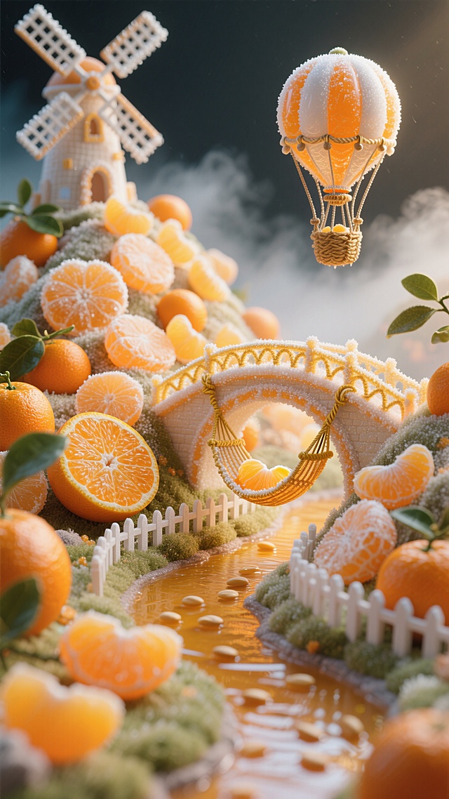 微缩景观中的砂糖橘童话王国，数百颗晶莹砂糖橘堆砌成山丘，橘子瓣形成半透明拱桥，橘络编织成金色吊床，橘皮卷曲成螺旋城堡，糖霜铺就的橙色小径，微型橘子叶风车缓缓旋转，果肉纤维构成栅栏纹理，流淌的橘子汁形成琥珀色河流，橘子籽改造成热气球吊篮，晨雾光线穿透果冻质感的橘瓣穹顶