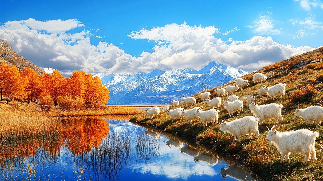 在画面右侧的山坡草地上生成一群白色绒山羊，羊的体型小巧自然，与… - 图片创意预览