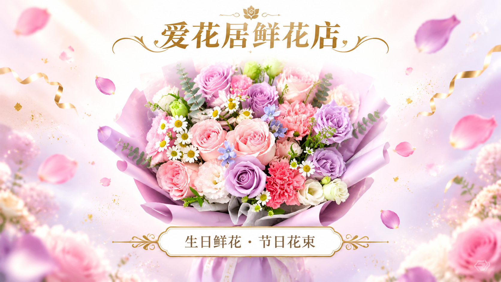 设计一张生日节日主题鲜花店主图Banner，16:9横版。画面… - 图片创意预览