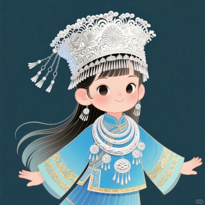 设计一个苗族小女孩的IP形象，穿着苗族传统服饰，为方襟大袖摆样式，具有浓郁民族特色，整体造型富有层次感服饰为蓝色，姿态活泼 ，头戴银冠造型华丽，上面布满精致花纹和装饰，边缘悬挂着银质流苏、银项圈多层佩预览效果