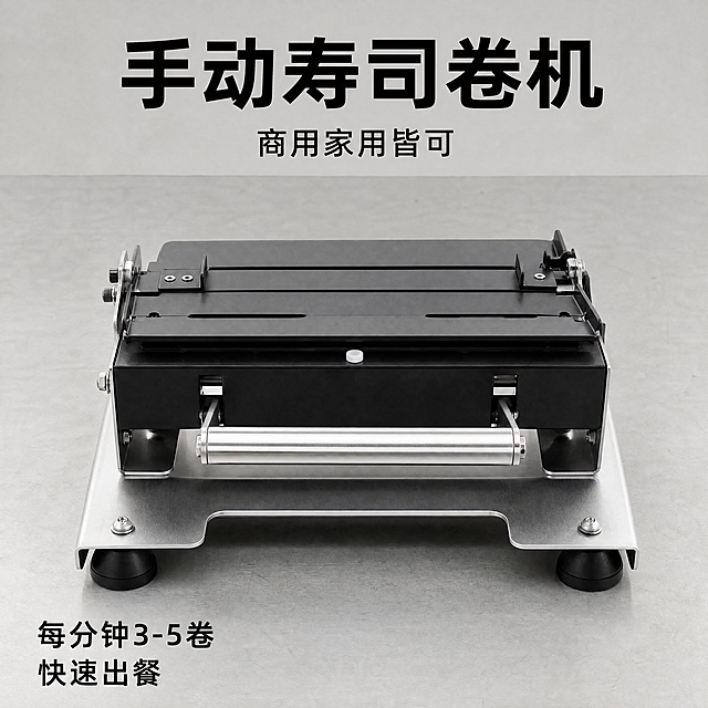 [主图-1] 手动寿司卷机工厂首图；氛围风格为1688源头工厂直供，工业实拍风；画质要求商业摄影质感，高清清晰，真实自然。手动寿司卷机整机正面放置在工厂工作台面上，主体占画面约75%，保持产品外观结构、材质颜色和原图完全一致，无变形色差。背景为浅灰色工业工作台，干净简洁。顶部大标题"手动寿司卷机"黑色加粗，副标题"商用家用皆可"小字，左下角标注"每分钟3-5卷 快速出餐"。主光源正面打光，金属机身轮廓清晰，高光自然。主色调不锈钢银+黑色，浅灰背景对比强烈。正面平视视角，主体完整居中。1:1比例，文字清晰，超高清4K。负面提示：变形，水印，文字模糊，背景杂乱。