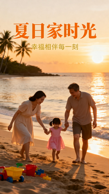 夏天日落时分的沙滩上，一家三口幸福玩耍，母亲温柔知性，父亲和蔼可亲，孩子是小女孩，一家人关系融洽，符合中国审美，暖色调温馨氛围，适合做海报预览效果