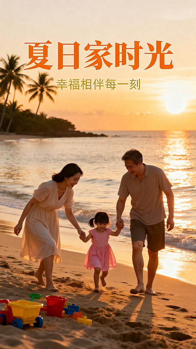 夏天日落时分的沙滩上，一家三口幸福玩耍，母亲温柔知性，父亲和蔼可亲，孩子是小女孩，一家人关系融洽，符合中国审美，暖色调温馨氛围，适合做海报