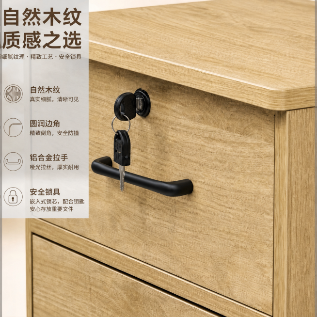 将图片中柜子抽屉上原本银色的拉手改成和参考图一致的黑色拉手，其他内容保持不变，文字内容也保持不变预览效果