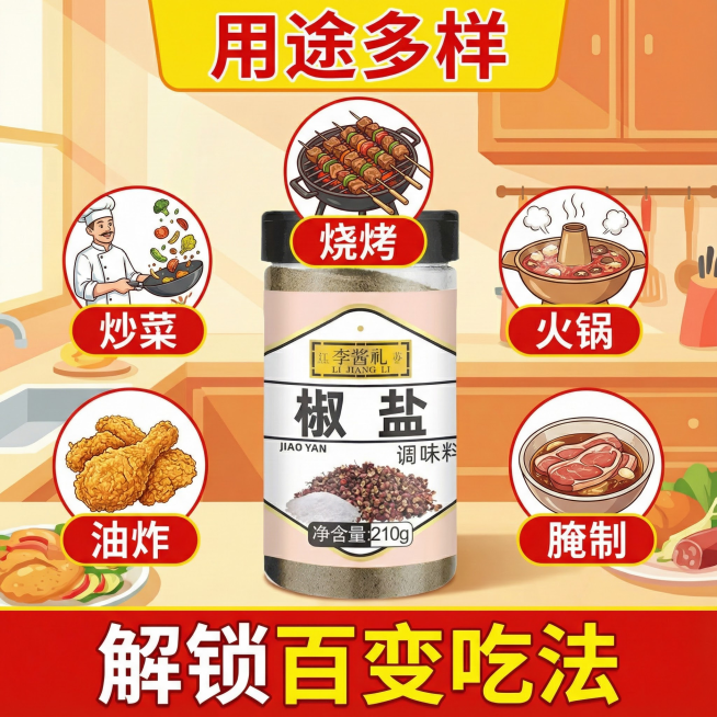 这张图片中的产品是椒盐调味料，我在拼多多卖这款产品，请帮我设计20张拼多多主图
主图文案要求：配料干净，咸淡适中，净含量210g，做菜口感味道好，烧烤撒料，火锅蘸料，油炸搭档，粉质细腻，海鲜/干锅/炒预览效果