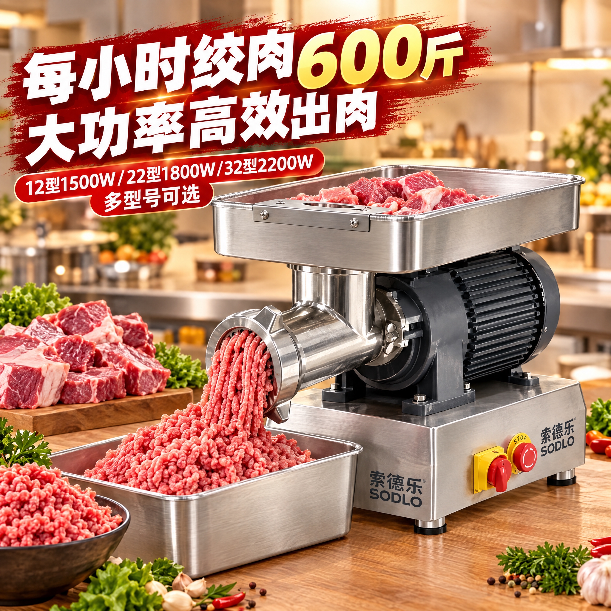 抖音电商主图，1:1正方形，商用台式强力绞肉机第二张主图，展示… - 图片创意预览