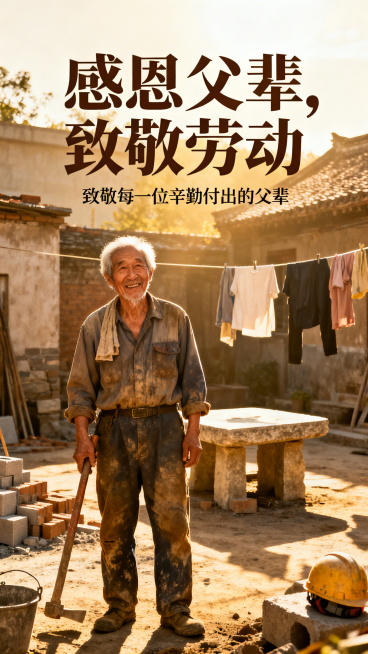 一张温暖治愈的海报，主题是"感恩父辈，致敬劳动"，画面中展现一位慈祥的父辈劳动者形象，背景是阳光下的老院子或工地，风格温暖写实，文字醒目清晰，氛围感人预览效果