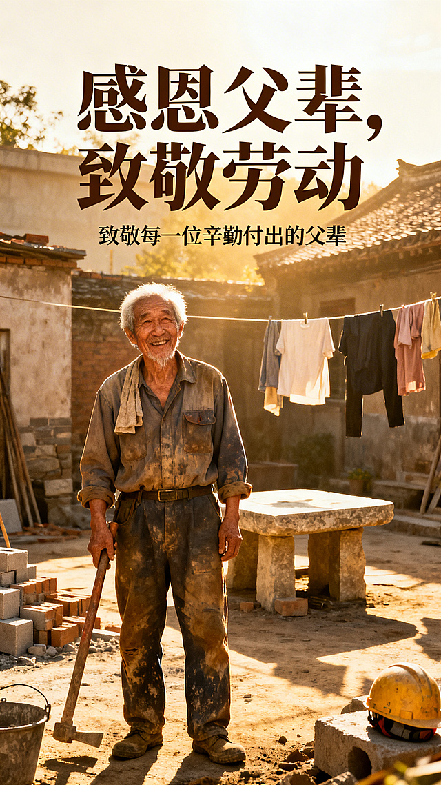 一张温暖治愈的海报，主题是"感恩父辈，致敬劳动"，画面中展现一位慈祥的父辈劳动者形象，背景是阳光下的老院子或工地，风格温暖写实，文字醒目清晰，氛围感人