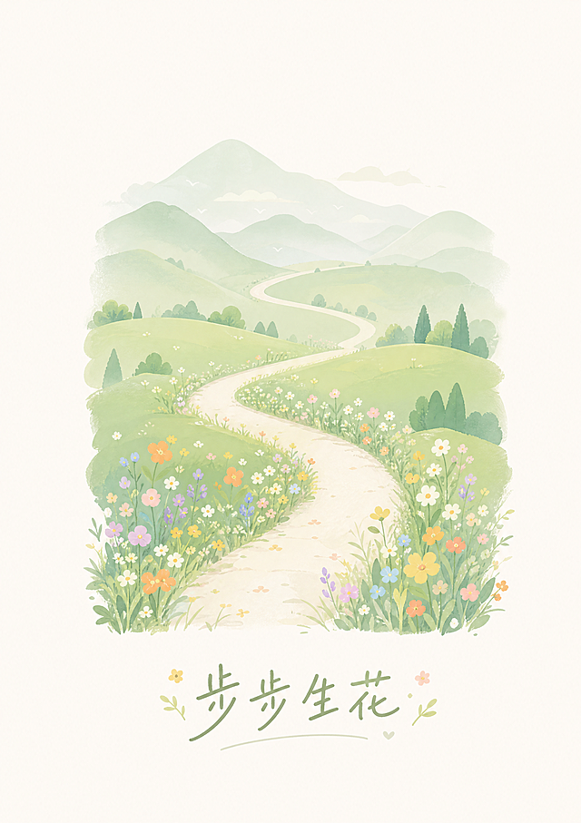 奶油治愈风清新平面插画，浅绿色柔雾山间小路蜿蜒延伸，路边散落细碎彩色野花，远山朦胧柔和，画面规整清新、生动舒展，底部搭配手写体简洁治愈文案"步步生花"，主体严格居中，四周均匀留白预留裁切空间，低饱和哑光质感，纯平面无边框无实景样机