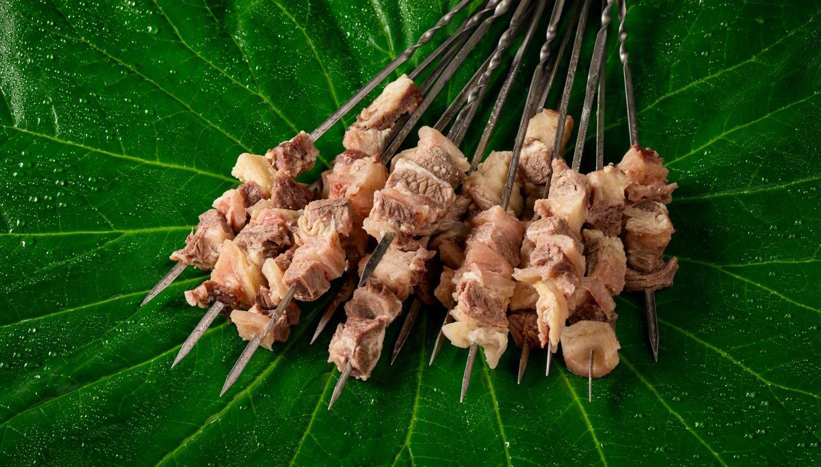 将图一中的牛肉串（带金属签的肉块串）完整保留，放到图二的绿色荷… - 图片创意预览