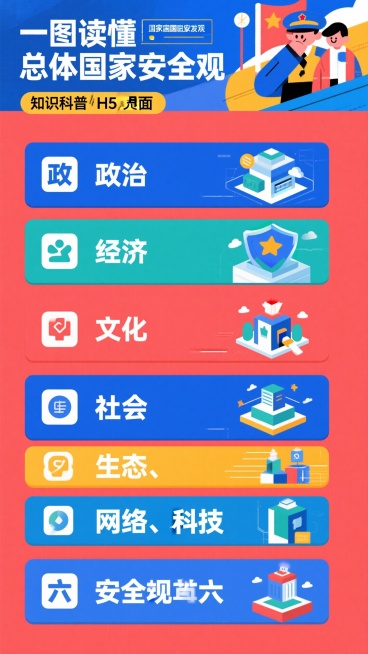 总体国家安全观知识科普H5页面，红蓝主色调，展示政治、经济、文化、社会、生态、网络六大安全领域卡片，每个领域配简约图标，左侧文字简介标题，右侧小图示意，扁平化设计，顶部标题"一图读懂总体国家安全观"，预览效果