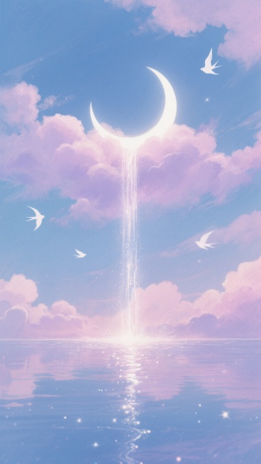 梦幻水彩风格插画，画面以柔和的粉紫色与淡蓝色为主色调，营造出宁静而浪漫的氛围。天空中漂浮着蓬松的云彩，中央悬挂着一轮弯弯的月牙，月牙下方有光芒如瀑布般倾泻而下，照亮了下方的云层和水面。水面平静如镜，倒映着天空的色彩和月牙的光芒，波光粼粼，点缀着闪烁的星光。几只白色的飞鸟在空中自由飞翔，增添了画面的灵动之感。整体笔触轻盈柔和，色彩过渡自然，充满了梦幻般的诗意与美感。预览效果