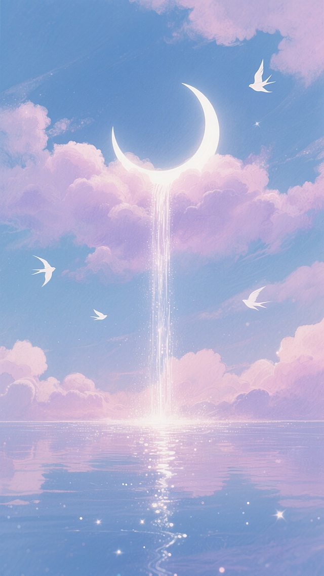 梦幻水彩风格插画，画面以柔和的粉紫色与淡蓝色为主色调，营造出宁静而浪漫的氛围。天空中漂浮着蓬松的云彩，中央悬挂着一轮弯弯的月牙，月牙下方有光芒如瀑布般倾泻而下，照亮了下方的云层和水面。水面平静如镜，倒映着天空的色彩和月牙的光芒，波光粼粼，点缀着闪烁的星光。几只白色的飞鸟在空中自由飞翔，增添了画面的灵动之感。整体笔触轻盈柔和，色彩过渡自然，充满了梦幻般的诗意与美感。