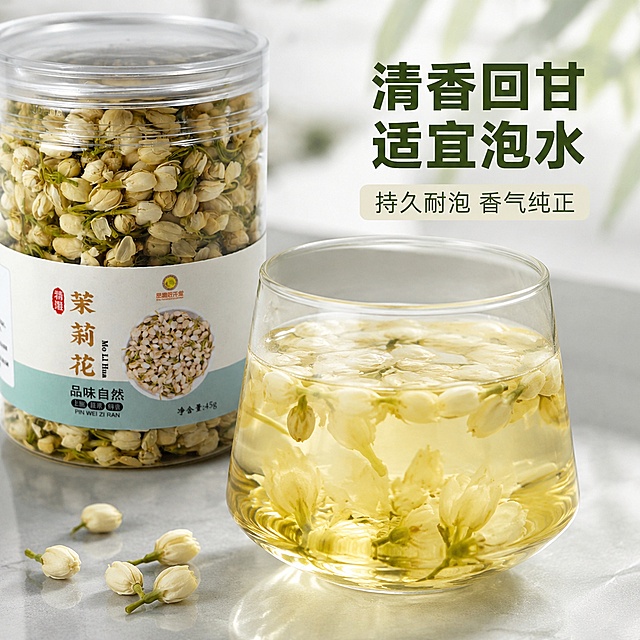 「图片1」，生成电商主图（5张），商品名称是茉莉花  ，卖点是泡水，适配淘宝/天猫平台，主图比例为1:1