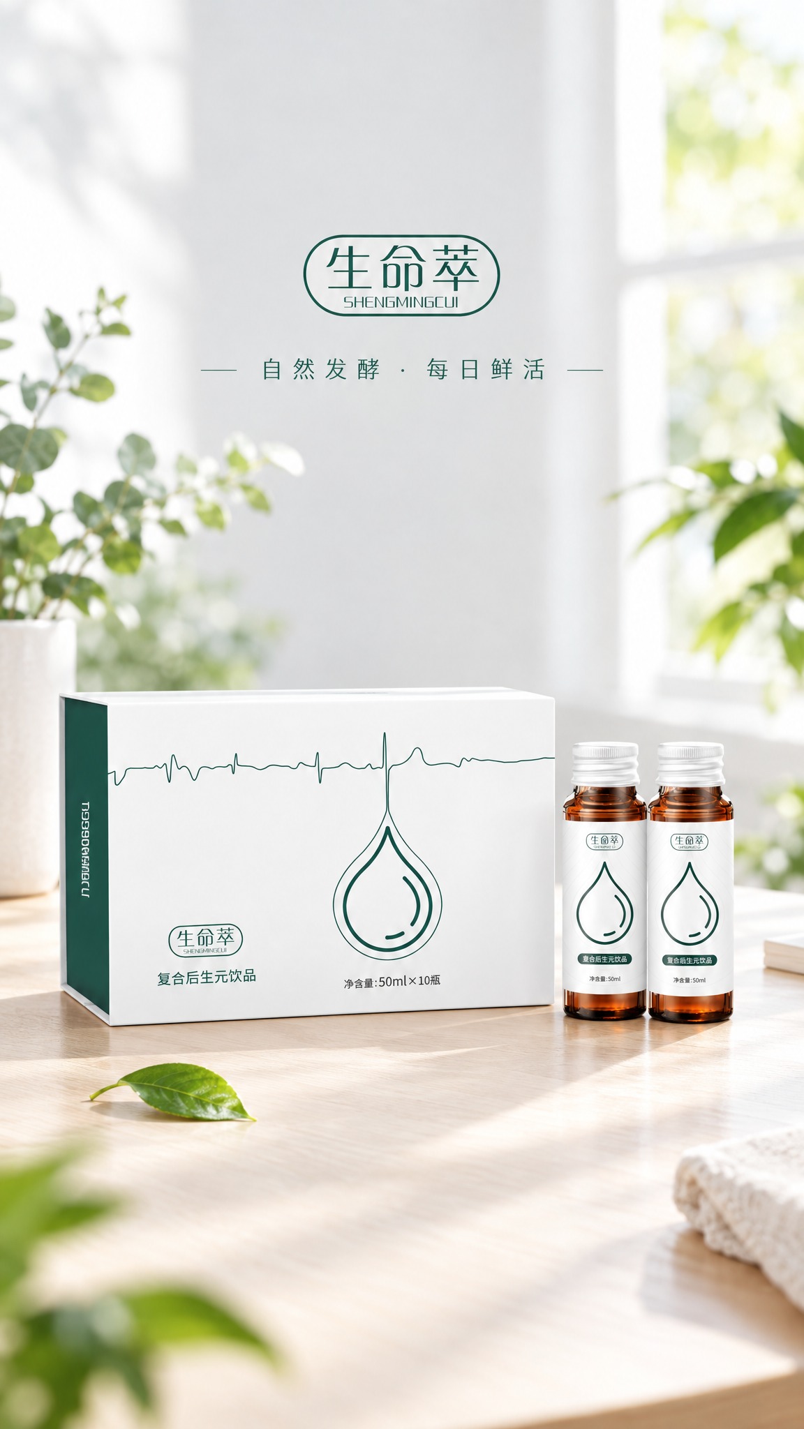 基于图中的生命萃复合后生元饮品产品（白色包装盒+两瓶棕色口服液… - 图片创意预览