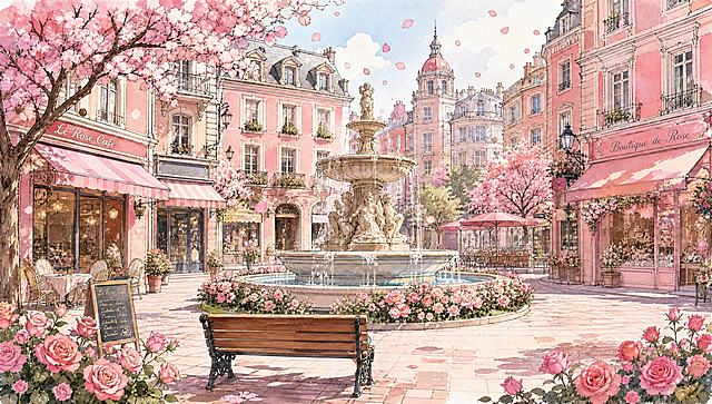 去除画面中所有人物，保留粉色欧式建筑、喷泉、玫瑰花丛、花树、长椅、街道、咖啡馆、商店等所有建筑和景物，保持马克笔手绘水彩风格不变，粉色浪漫氛围不变，画面干净无人，构图和视角完全不变