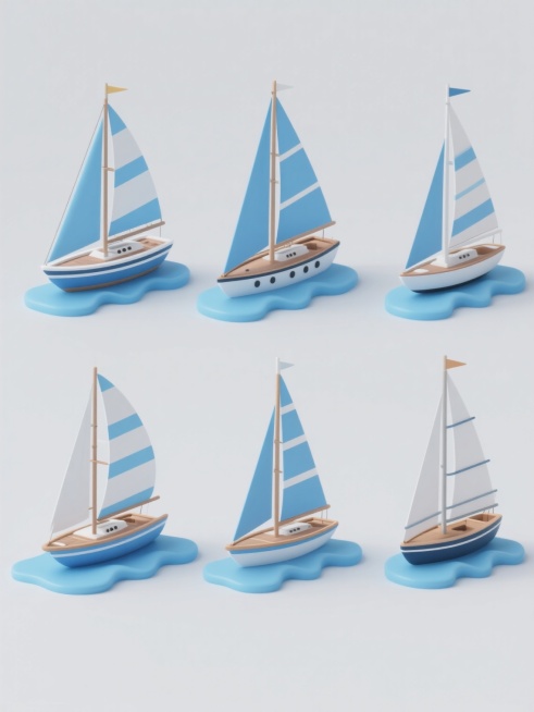 6个造型完全不同的3D立体风格帆船系列素材集合，帆船元素保持核心特征，每个帆船具有独特的船身形状、帆的数量与样式、颜色搭配，均配有简洁的蓝色波浪底座，整体采用简约现代的设计语言，所有帆船规整排布在纯色背景上，形成统一且富有变化的系列感。预览效果