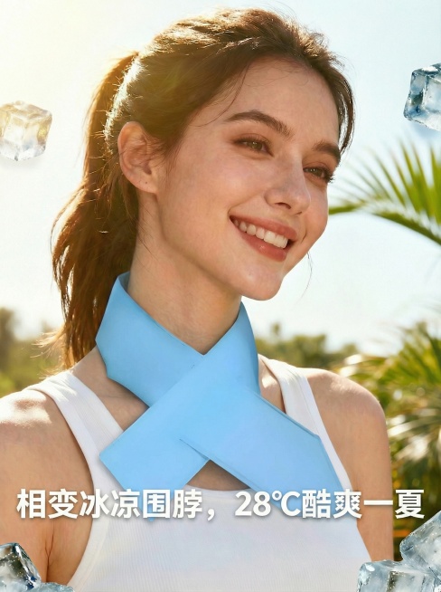 将图1中女性脖子上的深蓝色围脖替换为图2中男性佩戴的浅蓝色交叉款围脖，保持图1的夏日场景、光影和文案不变预览效果