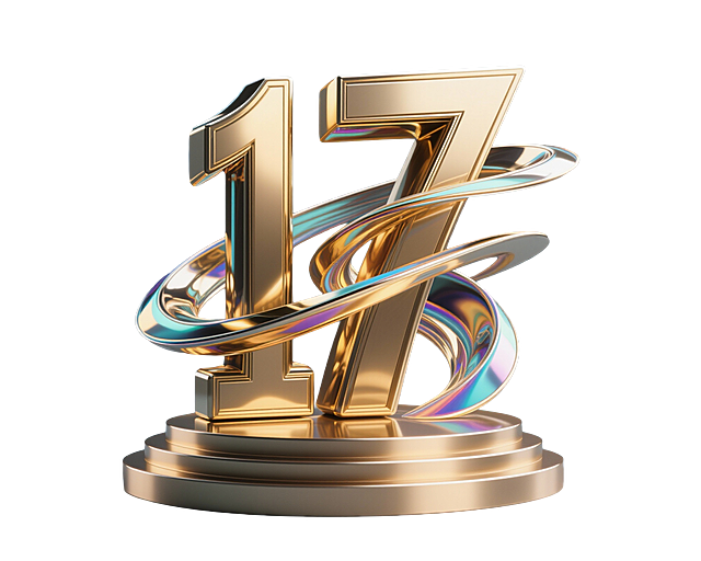 未来感与科技感交织的3D数字“17”，采用重拟物风与金属风设计，鎏金质感搭配炫彩光带，彰显奢华庆典氛围。