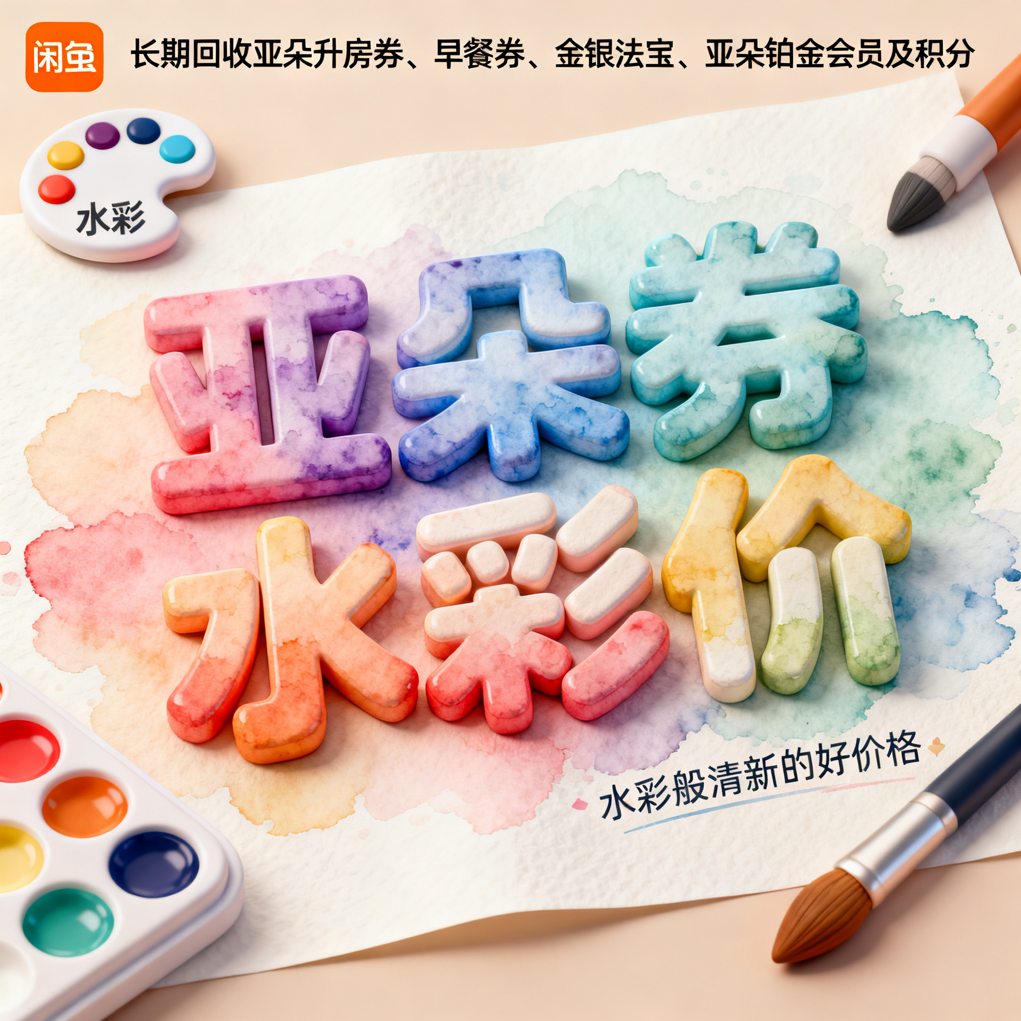软3D风格，闲鱼大字封面，主题为长期回收亚朵升房券早餐券金银法… - 图片创意预览