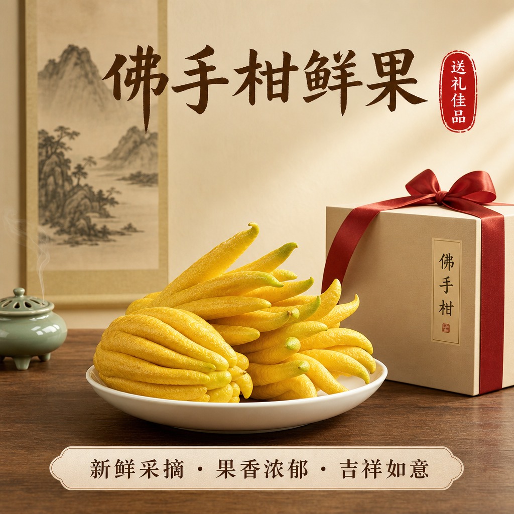 佛手柑鲜果送礼SKU主图，1:1正方形构图，简洁中式禅意风格，… - 图片创意预览