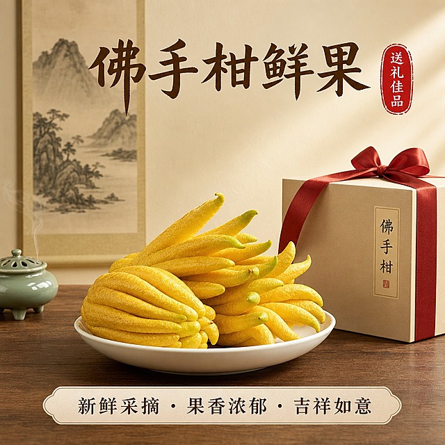 佛手柑鲜果送礼SKU主图，1:1正方形构图，简洁中式禅意风格，画面干净不花哨。画面主体是一盘新鲜金黄的佛手柑鲜果，摆放在素净的白瓷盘中，放在木质茶桌上。背景极简：只有一幅竖挂的水墨山水画和一个小小的青瓷香炉，暖黄色柔和侧光，营造雅致的中式禅意氛围。旁边有一个简洁的米色礼品盒，系着红色丝带，低调有质感。顶部大字标题"佛手柑鲜果"，右上角红色小印章"送礼佳品"，底部简洁卖点条"新鲜采摘 · 果香浓郁 · 吉祥如意"。整体风格简洁雅致有档次，佛手柑鲜果主体突出，背景元素少而精，不杂乱，电商SKU主图质感，1:1正方形，高清