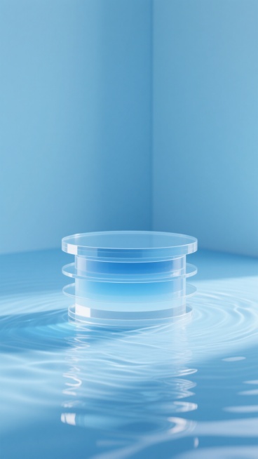 中景视角，在一片纯净的浅蓝色调开放式空间内，一个由多层极薄透明亚克力精准叠加的圆形展示台静静伫立，其台面如水晶般澄澈且带有若有若无的蓝色渐变，下方的透明水面泛起轻柔且规律的波光，柔和漫反射光线均匀包裹物体，尽显干净、宁静又具高级感的蓝色产品展示背景，层次分明且材质细腻。预览效果
