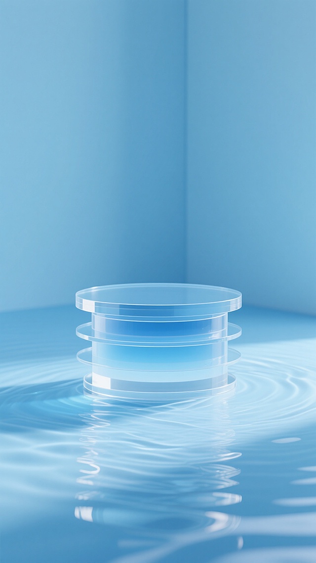 中景视角，在一片纯净的浅蓝色调开放式空间内，一个由多层极薄透明亚克力精准叠加的圆形展示台静静伫立，其台面如水晶般澄澈且带有若有若无的蓝色渐变，下方的透明水面泛起轻柔且规律的波光，柔和漫反射光线均匀包裹物体，尽显干净、宁静又具高级感的蓝色产品展示背景，层次分明且材质细腻。