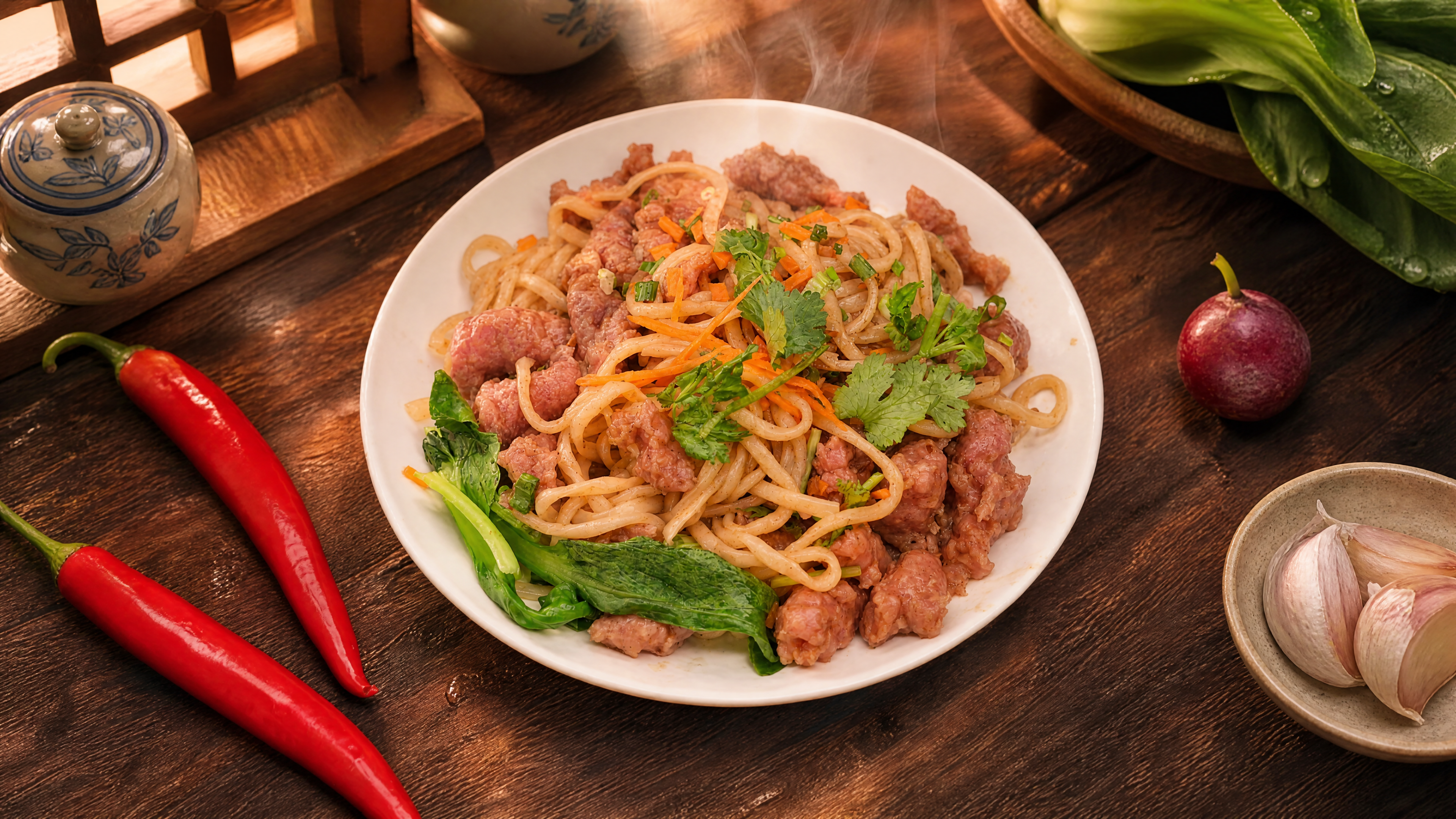 肉片拌面严格参照上传产品图，完整保留白盘、面条、肉片、胡萝卜丝… - 图片创意预览