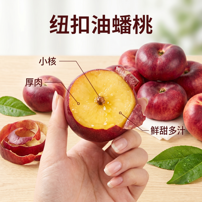 「图片1」「图片1」「图片1」「图片1」「图片1」，生成一套主图（5张），商品名称是纽扣油蟠桃，卖点是核小肉厚，脆软双吃适配淘宝/天猫平台，主图比例为1:1预览效果