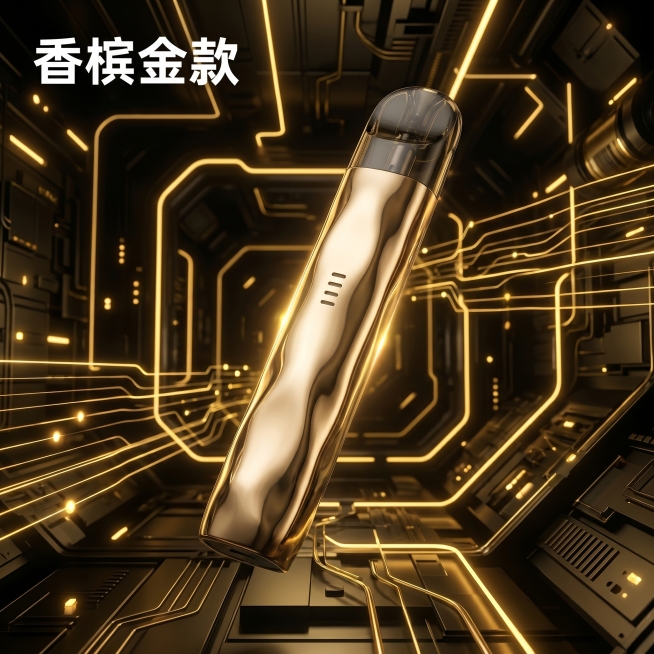 [单品主图] 香槟金色款单独产品展示，去除握持的手掌，只保留金色产品。[氛围风格] 暗调赛博朋克科技风，酷炫深邃背景不单调，整体风格统一。[画质] 商业摄影质感，光线通透清晰，产品质感真实，超高清。[预览效果