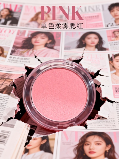 参考图中的腮红盘巨大化撕开铺满全屏的杂志封面，从杂志的裂缝中探出，上方杂志标题“PINK”，下方小标题“单色柔雾腮红”。预览效果