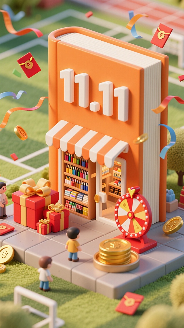 画面中央是一个巨大的书本形状的店铺，有一个白色字"11.11"的招牌，店铺内货架上摆放了各类文具，门口摆放红色礼盒、转盘、金币，橙色主色调，点缀彩带、红包，操场背景