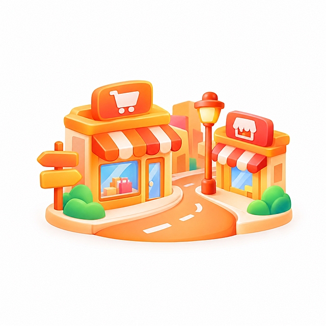 参考图中的3D卡通渐变图标风格，生成一个商业街图标，有商店店铺和街道元素，橙红色调，圆润可爱的3D立体风格，微渐变色彩，白色背景，简约现代图标设计，与参考图风格完全一致