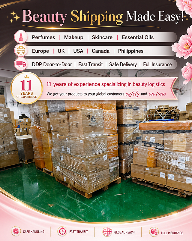 在图片上部位置添加醒目的吸引人的文字，文字内容为：✨ Beauty Shipping Made Easy! ✨ 💄 Perfumes | Makeup | Skincare | Essential Oils 🌍 Europe | UK | USA | Canada | Philippines 🚚 DDP Door-to-Door | Fast Transit | Safe Delivery | Full Insurance 11 years of experience specializing in beauty logistics We get your products to your global customers safely and on time。保持仓库包裹场景不变，文字排版清晰有吸引力，突出美妆物流的主题，提升海报整体视觉吸引力和商业感。