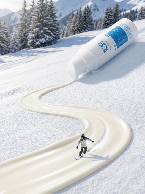 「图片1」雪地上一管巨大的产品斜放在雪坡上，管口朝下，流出来的白色乳液形成一个斜坡，一个迷你小人站在滑板上顺着粉底液往下滑「图片1」预览效果