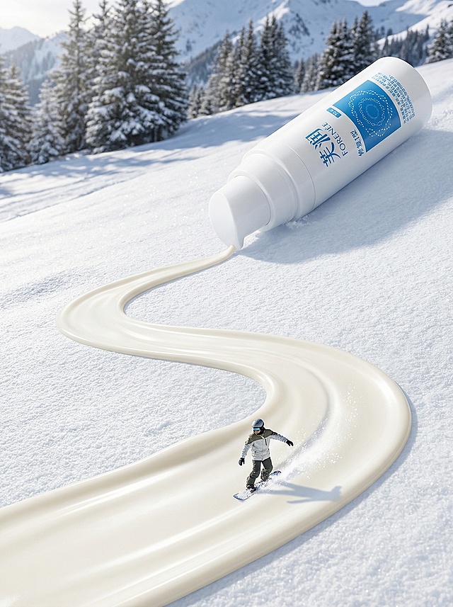 「图片1」雪地上一管巨大的产品斜放在雪坡上，管口朝下，流出来的白色乳液形成一个斜坡，一个迷你小人站在滑板上顺着粉底液往下滑「图片1」