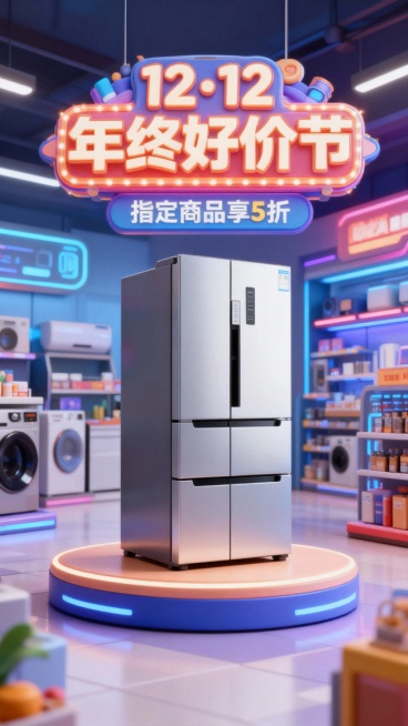 产品色调为主，背景色调以产品色调为主的卡通微缩商场，商场陈列着冰箱主体，背景上是科技的电器专卖店的陈设，整体风格为3D卡通，主体商品做成3D卡通风格，上方有商品色调主装饰具有趣味性的标题灯牌写着“12预览效果