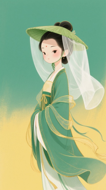 线条插画，金色线条，一位Q版古代女子，草绿色宽边大帽子，薄薄的白色面纱，低低的盘发，表情宁静、一件设计感的草绿色长袍，飘带随风飞舞，身材修长，从上部分纯色背景渐变成黄绿色预览效果