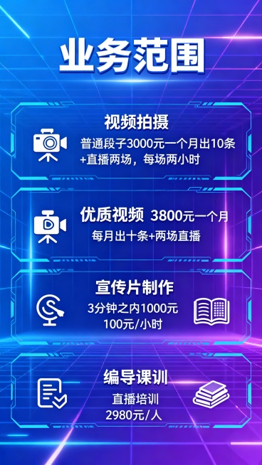 业务范围：视频拍摄，（普通段子3000元一个月出10条，+直播两场，每场两小时。优质视频3800元一个月，每月出十条+两场直播）宣传片制作（3分钟之内1000元），直播带播（100元/小时），编导培训预览效果