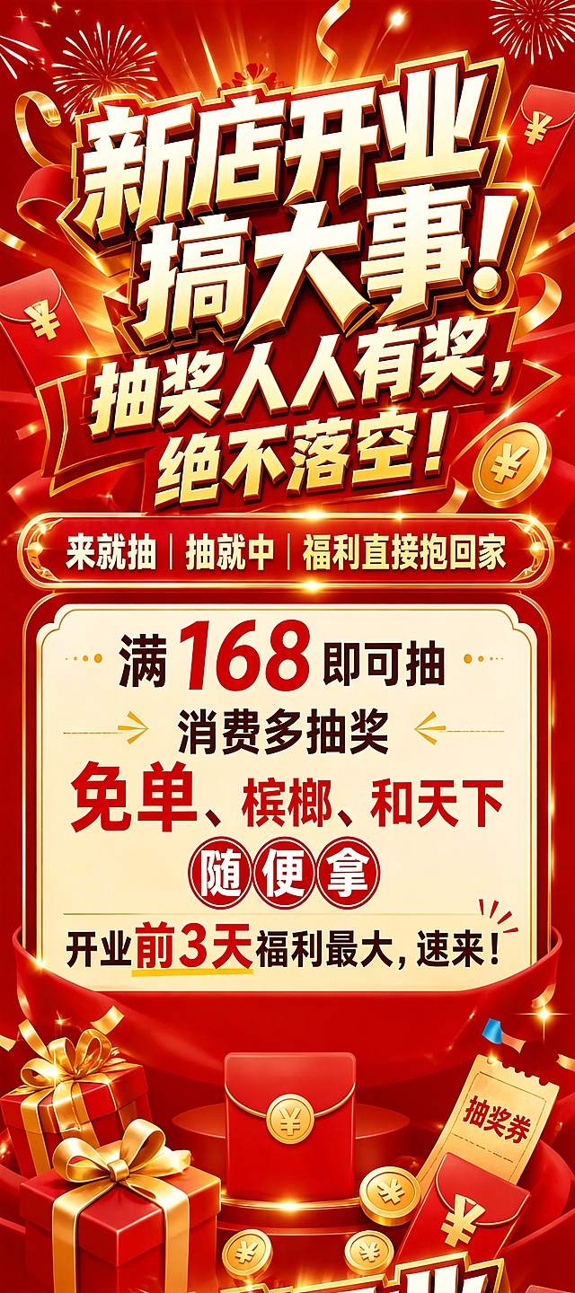 重新设计这张新店开业海报，完全移除下方的抽奖转盘区域，保持原有所有促销文案完整保留，整体保持红色金色喜庆开业风格，调整排版让整体画面协调美观