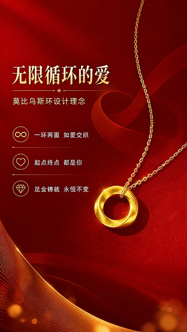 [商品] 使用【图2】足金999莫比乌斯环吊坠；保留圆环莫比乌斯扭曲结构、古法磨砂黄金质感、金色细链条、整体比例与颜色；增强金面光泽层次，不改变产品形态。
[画面] 目标：设计理念页，传递莫比乌斯环永恒循环的寓意。构图：左文右图，吊坠位于右侧约40%区域，左侧文字区占60%。景别：中景。前中后景：前景左侧半透明金色曲线装饰，中景产品主体，背景深红渐变配抽象莫比乌斯线条元素。阅读动线：从左上方标题到左侧文案，再到右侧产品。
[视觉] 套系策略：风格=高级轻奢珠宝商业摄影；标题字=优雅衬线粗体；正文字=简洁现代无衬线体；主色=正红+黄金色；背景延展=基于正红色做深浅渐变、丝绒质感、同色系明暗层次；强调色=暖金色，仅用于小面积图标、引线、标签和高光点缀；标题色=暖金色；正文色=米白色；组件=细金线信息卡、圆角优雅标签、柔焦光斑；光影=左前侧暖柔光，右侧柔和补光，产品底部自然投影，金面高光细腻。
[文字] 左上主标题「无限循环的爱」，副标题「莫比乌斯环设计理念」，下方3个卖点短句：「一环两面 如爱交织」「起点终点 都是你」「足金铸就 永恒不变」。文字全部横向排版，位于左侧留白区域，不遮挡产品。
[规格] 图片比例9:16竖版，4K分辨率，medium质量。避免变形、错字、文字过小、冷蓝背景、黄金颜色偏色、产品结构失真、极限词。