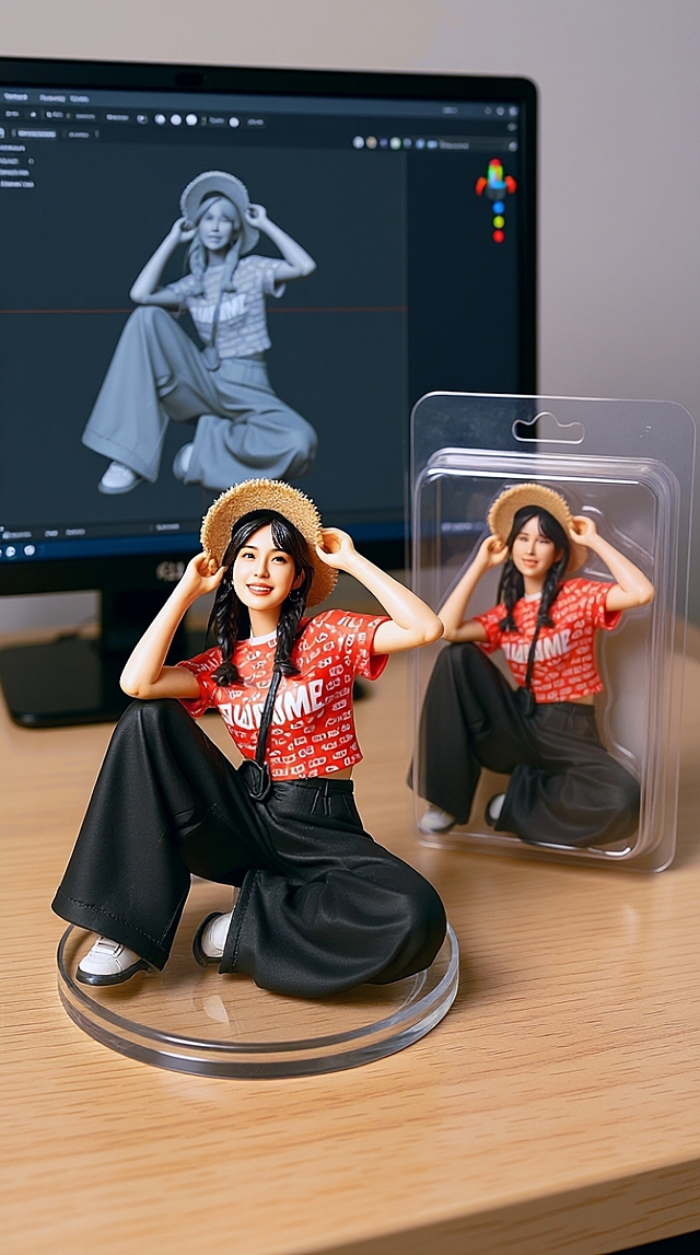 现代感3D角色风，立体人物模型与屏幕设计呼应，展现时尚与科技的完美融合。