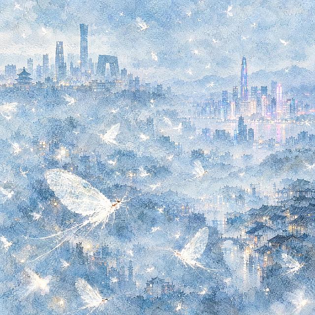 参考图中的水彩手绘风格，淡蓝色朦胧背景，白色飞鸟形态简约抽象，笔触柔和带有纸张肌理质感。重新绘制画面：画面中无数只形似蜉蝣的白色小虫在淡蓝色的城市上空飞舞，背景隐约可见中国城市的天际线轮廓，有北京的高楼、深圳的霓虹、南方小城的瓦屋顶，层层叠叠若隐若现。蜉蝣形态轻盈脆弱，翅膀半透明，有的靠近画面清晰可见，有的远处模糊如光点，象征在城市中漂泊挣扎的小人物。整体色调以淡蓝、灰白为主，点缀零星暖黄色灯火，水彩晕染质感，带有文学性和诗意，朦胧梦幻，体现城乡变迁中的浮世绘意象与现实关怀。