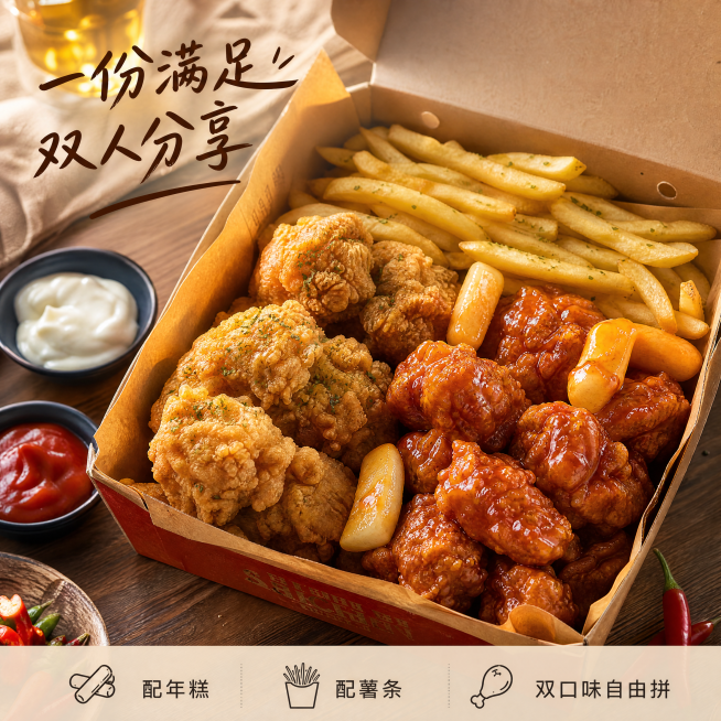 [主图-4] 炸鸡年糕套餐场景体验。[氛围风格] 温馨餐桌氛围感，外卖套餐满足感；[画质] 商业美食摄影，光线自然通透，整体清晰高级。[元素] 双拼炸鸡搭配薯条年糕，摆放在深色木质餐桌，旁边配蘸料和辣预览效果