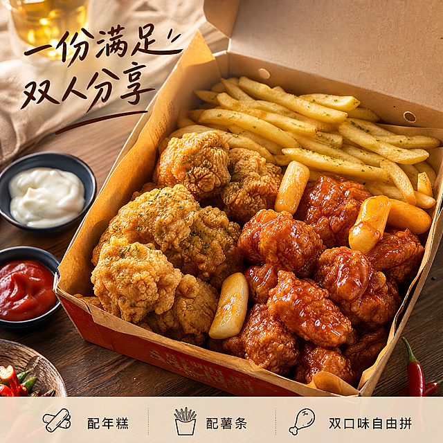 [主图-4] 炸鸡年糕套餐场景体验。[氛围风格] 温馨餐桌氛围感，外卖套餐满足感；[画质] 商业美食摄影，光线自然通透，整体清晰高级。[元素] 双拼炸鸡搭配薯条年糕，摆放在深色木质餐桌，旁边配蘸料和辣椒装饰，模拟用户打开外卖盒的第一人称视角，保持炸鸡和年糕外观与输入产品图绝对一致，杜绝变形色差。整体画面饱满自然，商品主体占比约75%。[光影] 靠窗自然光，柔和暖调，桌面阴影自然，增强真实生活感。[配色] 木棕底色搭配炸鸡金黄、甜辣红棕，色彩温暖有食欲。[文字版式] 左上手写体装饰文案"一份满足 双人分享"，深棕色手写字体，不遮挡主体。底部浅半透明条排列小图标文字：「配年糕」「配薯条」「双口味自由拼」，简约清晰。[比例分辨率] 1:1 比例，4k 分辨率；文字清晰可辨，超高清。[负向提示词] 变形，水印，文字错乱，背景杂乱，冷色调，过度装饰。