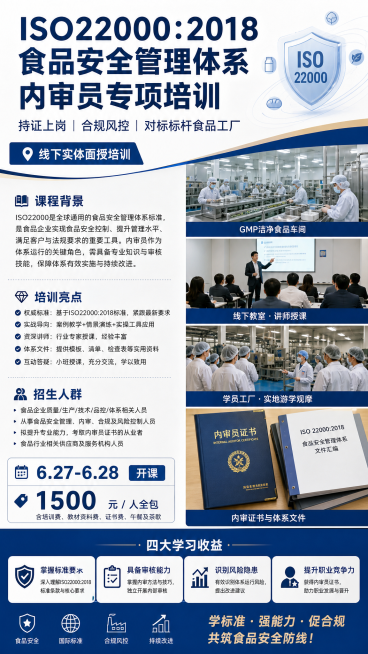 9:16竖版招生海报，高级商务风，主色商务蓝+米白，排版规整分层。顶部大字："ISO22000:2018 食品安全管理体系内审员专项培训"，副标题："持证上岗｜合规风控｜对标标杆食品工厂"，标注"线下预览效果