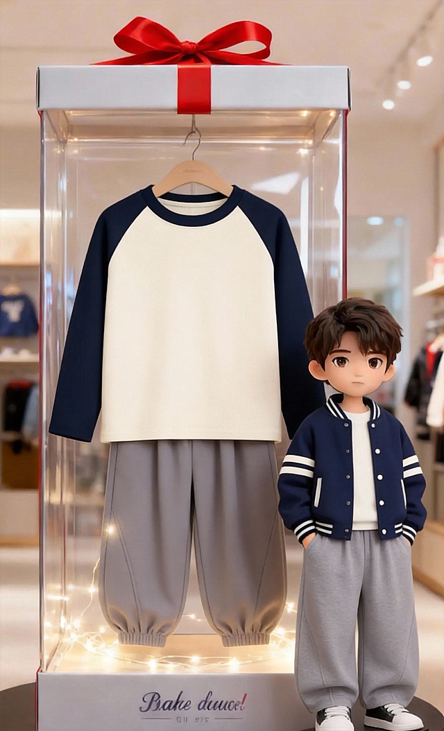 用图1的衣服和裤子替换图的2的人物穿的衣服裤子和旁边衣架上挂着的衣服裤子，保留原场景光影，保持图2的人物的五官和发型不变，图片宽高尺寸不变，背景不变，鞋子不变，人物姿势不变，保持图1的衣服和裤子的款式和颜色不变