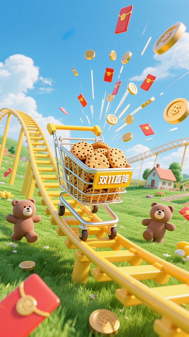 主视觉为装满饼干的购物车在黄色过山车轨道上快速滑行，购物车上写“双11直降”，背景包含绿色草地，乡村农舍和蓝天白云。草地上有小熊。很多红包和金币在购物车旁呈放射性从远处向屏幕前来。