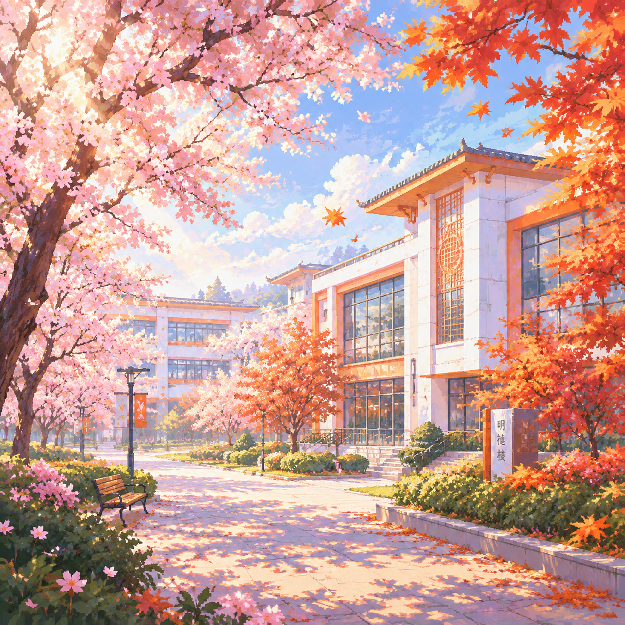 像素风格莫奈印象派樱花枫树校园主题插画，现代中式建筑风格的校园… - 图片创意预览